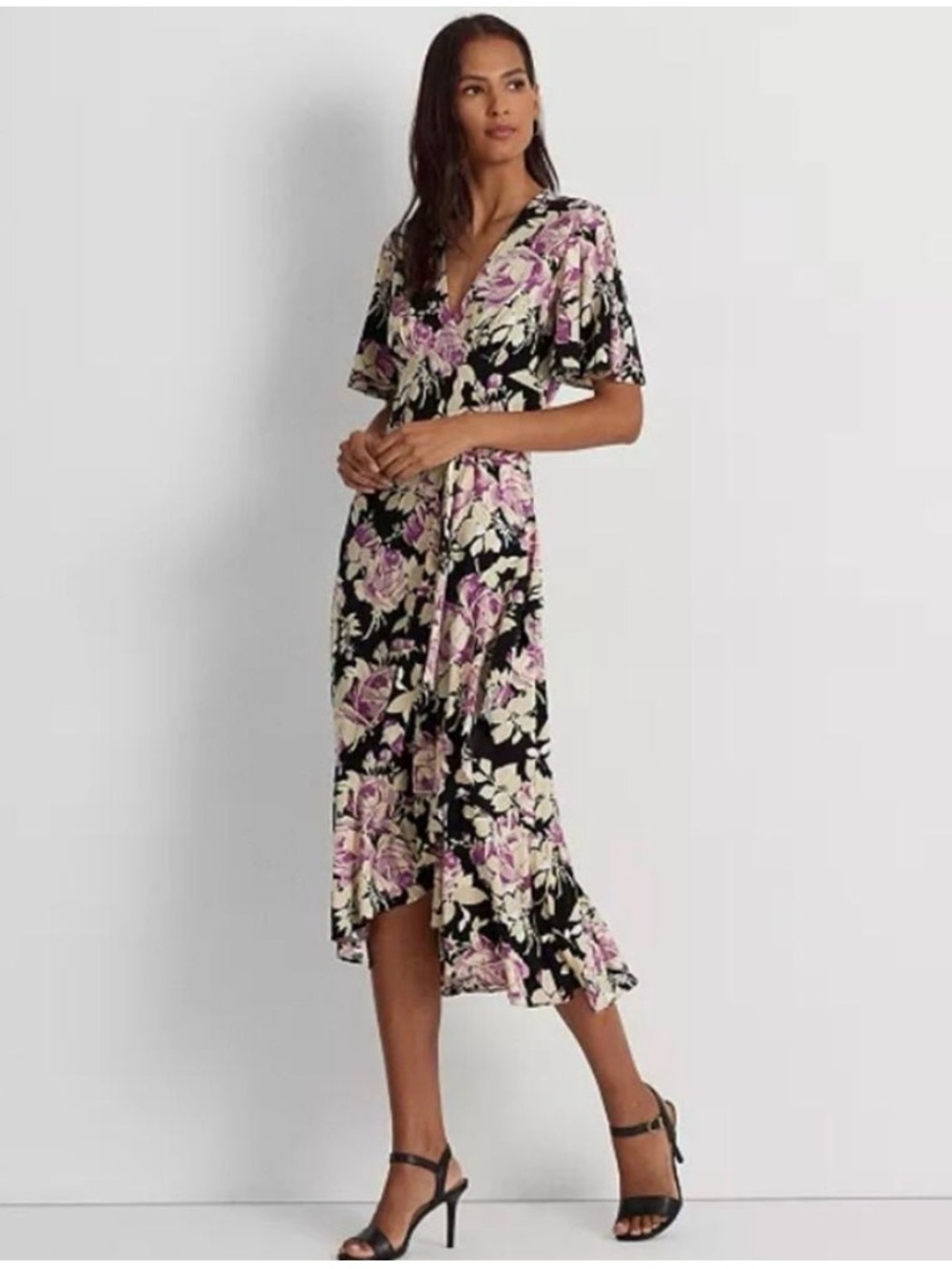 Lauren Ralph Lauren Floral Faux Wrap Midi Dress Women’s Size 16 Black Purple NWT